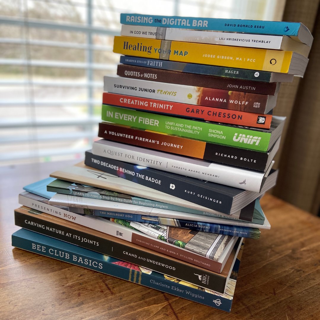 BeckysGraphicD's tweet photo. This stack of books represents 23 people who accomplished their dream of publishing a book this year. We're proud of each of them for reaching their goal! We will feature each published author we've worked with over the last few years to celebrate. #selfpublishedsuccess #author https://t.co/YidIC17aIU