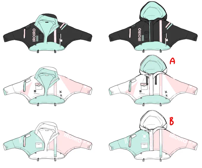 I started w/ some keywords and  cute techwear, soft pop, streetwear, soda, pastel pink + mint + white (my vtuber Iro's color scheme), triangles, boxy shapes. I started with rough sketches + cleaner iterations of the batwing jackets since they were my centerpiece 