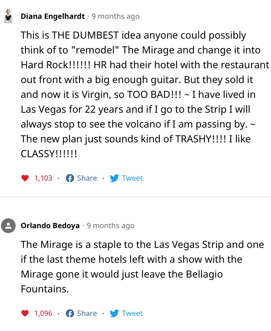 AlexJSpendlove's tweet photo. @LasVegasLocally The Mirage volcano obviously… These comments explain everything with a petition available for everyone to sign so it won’t be sacrificed. #SaveTheVolcano https://t.co/wYTba49an4 https://t.co/iTVaR62KM5