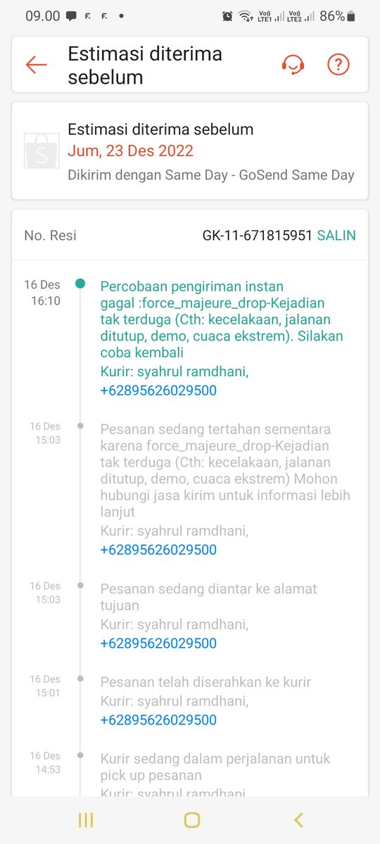 hannybaskoro's tweet photo. Tolong dong, nomor driver tidak bisa saya hubungi.. Ini saya pesan pakai sameday, dari seller dikirim via gosend @gojekindonesia, tapi udah 2 hari gak nyampe2 juga https://t.co/fifkIvvJl9