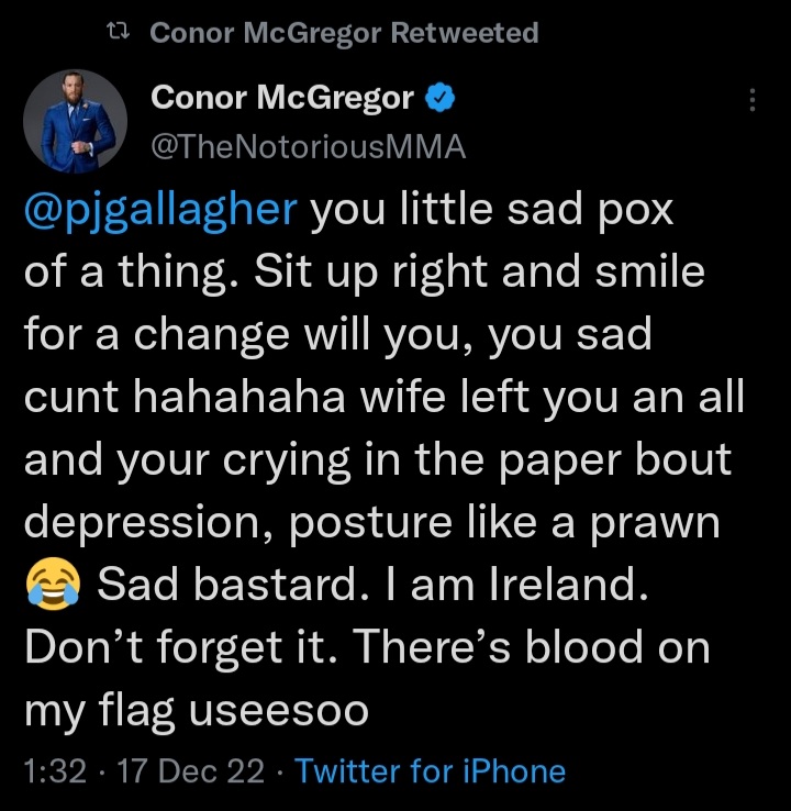 If any further evidence were needed (it wasn't) to prove <a href="/TheNotoriousMMA/">Conor McGregor</a> is an utter scumbag...

What's really sad is even with 9.7M followers this pathetic excuse of a human still retweets his own shit takes before deleting! Cowardly little west brit. #SadBastard