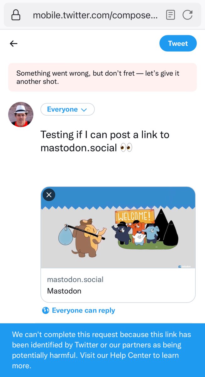 gnapse's tweet photo. Testing if I can post a link to https:// mastodon dot social 

Surprise! I can’t. You also can’t add such a link to your profile description. It says that mastodon is malware.

Twitter says it’s potentially harmful. Indeed it is harmful for Elon’s thin skin.

🤡🤡🤡 https://t.co/mRmNSlhrEr