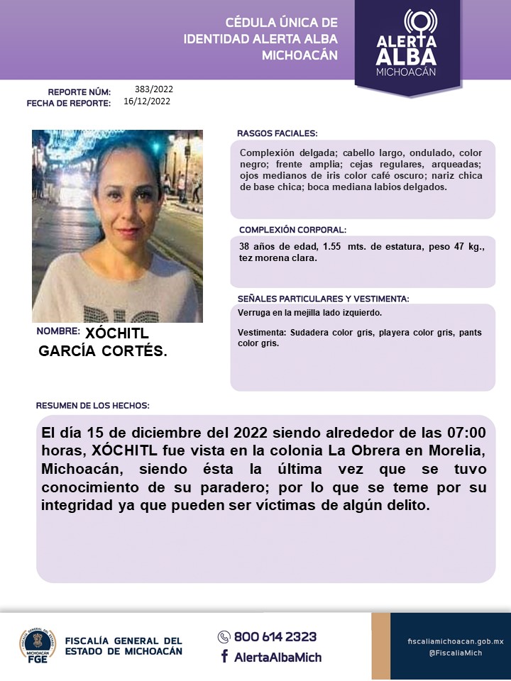 Solicitamos su apoyo para la búsqueda y localización de XOCHÍTL GARCÍA CORTÉS de 38 años de edad. #Comparte #AlertaAlba #AlertaAlbaMichoacán #AyúdanosAEncontrarla #FGEMich <a href="/botDesaparecidx/">BotDesaparecidx</a>