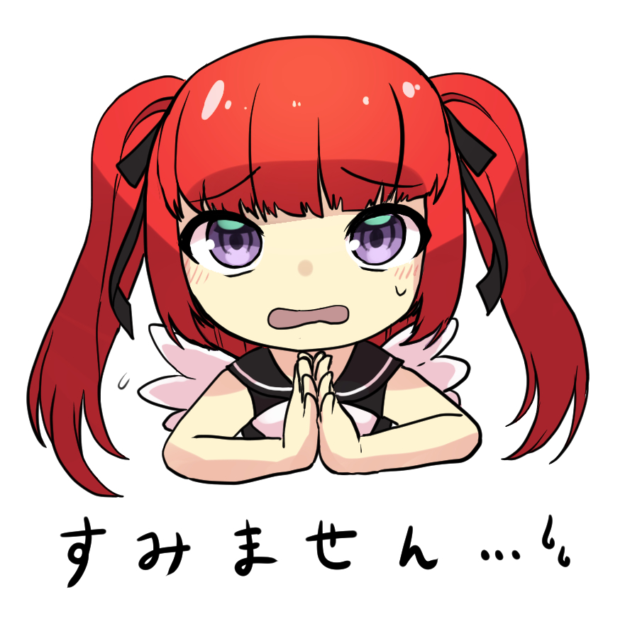 1girl solo twintails red hair white background purple eyes own hands together  illustration images