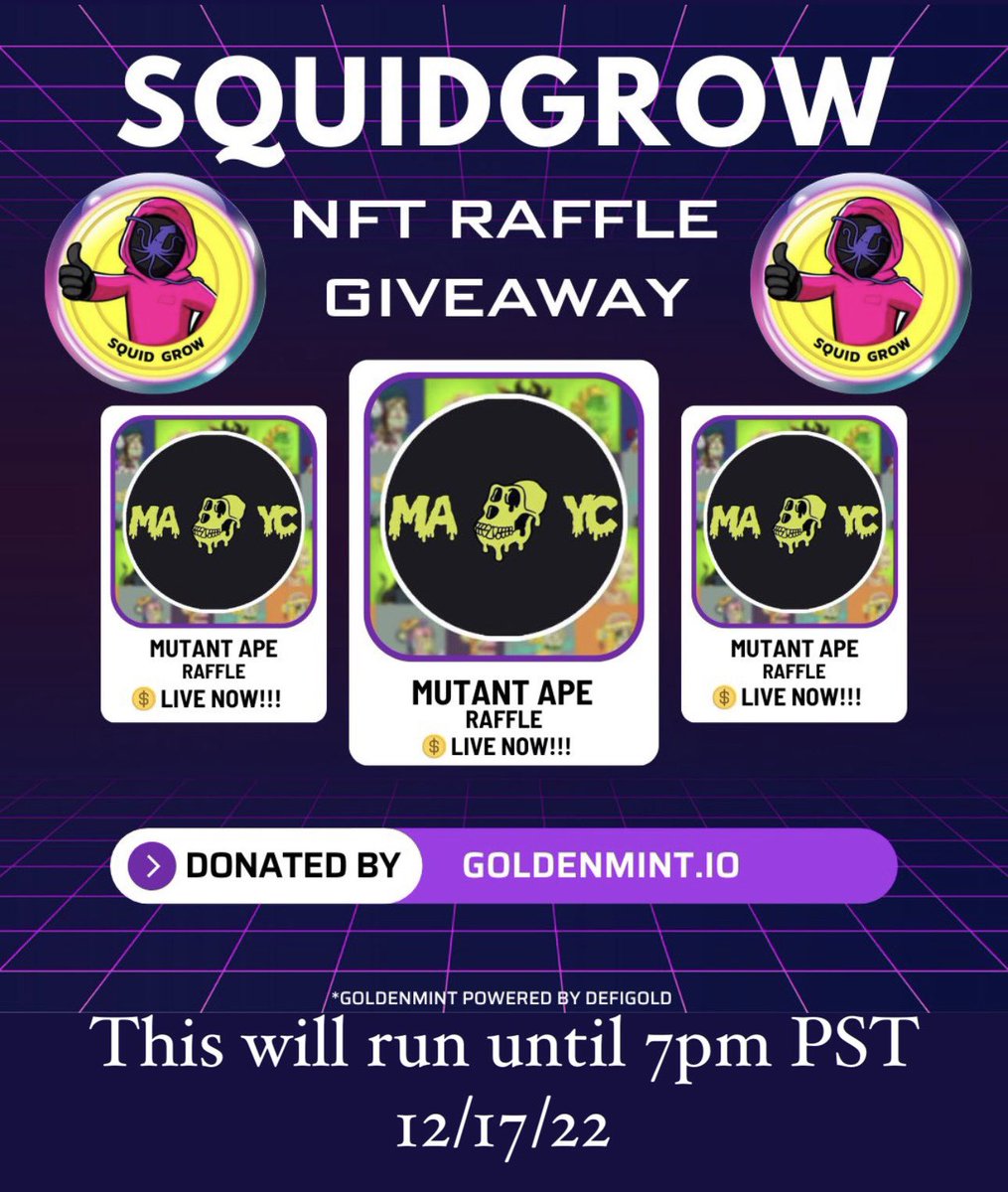 Shibtoshi's tweet photo. We are giving away 1 NFT donated by @defi_gold_miner which is a raffle ticket to win a #MAYC NFT information about the NFT is on the website https://t.co/b2vCd6XZOc

To enter:

1) ReTweet this Tweet
2) Follow 
@Squid_Grow
@Shibtoshi_SG
@AreDub2
@Defi_Gold_Miner https://t.co/TU97wUwyn8