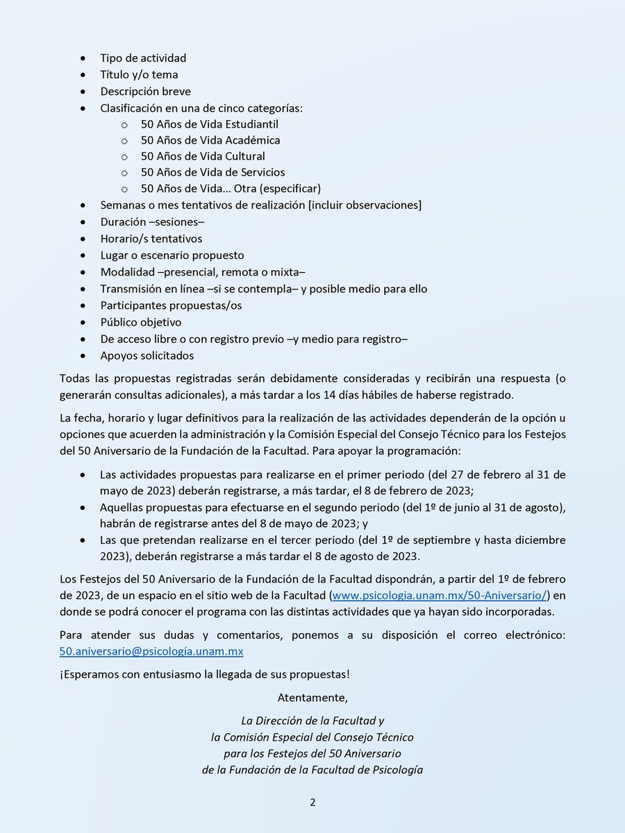 A la comunidad de la Facultad, de ayer y hoy
Invitación a proponer actividades para los Festejos del 50 Aniversario de la fundación de la Facultad
Las propuestas de actividades deberán registrarseen el siguiente formulario: bit.ly/Form-50-Aniv-FP
