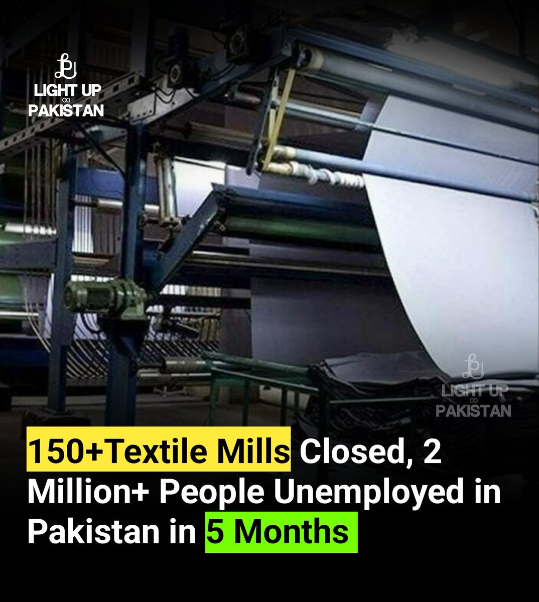 mindsetdotpk's tweet photo. Just in 5 months 150 spinning and weaving textile mills of the country were closed, due to which more than 2 million people became unemployed.
#Textile #LightUpPakistan "Mustafa Nawaz Khokhar #Bangladesh Bushra Bibi https://t.co/ZjaOrbh9on