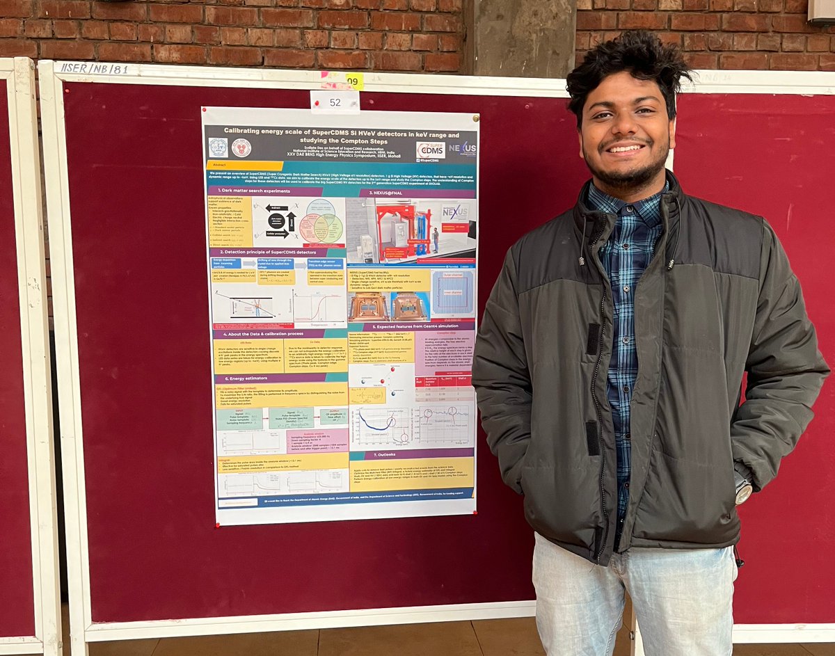 SuperCDMS's tweet photo. What an engaging poster session organised by @DAEhep2022 symposium in India! On behalf of #SuperCDMS, graduate student @Sudipta36351327, from NISER India, presented a poster "Calibrating energy scale of SuperCDMS Si HVeV detectors in keV range and studying the Compton Steps". https://t.co/MCUtVzKLoW