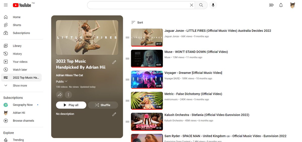 AdrianHiisssCat's tweet photo. I made my Top 100 Music Playlist of 2022 in Youtube, not in order for the best rank except number one. Feel free to browse. #YouTubeMusic https://t.co/4X9Lv9R961
