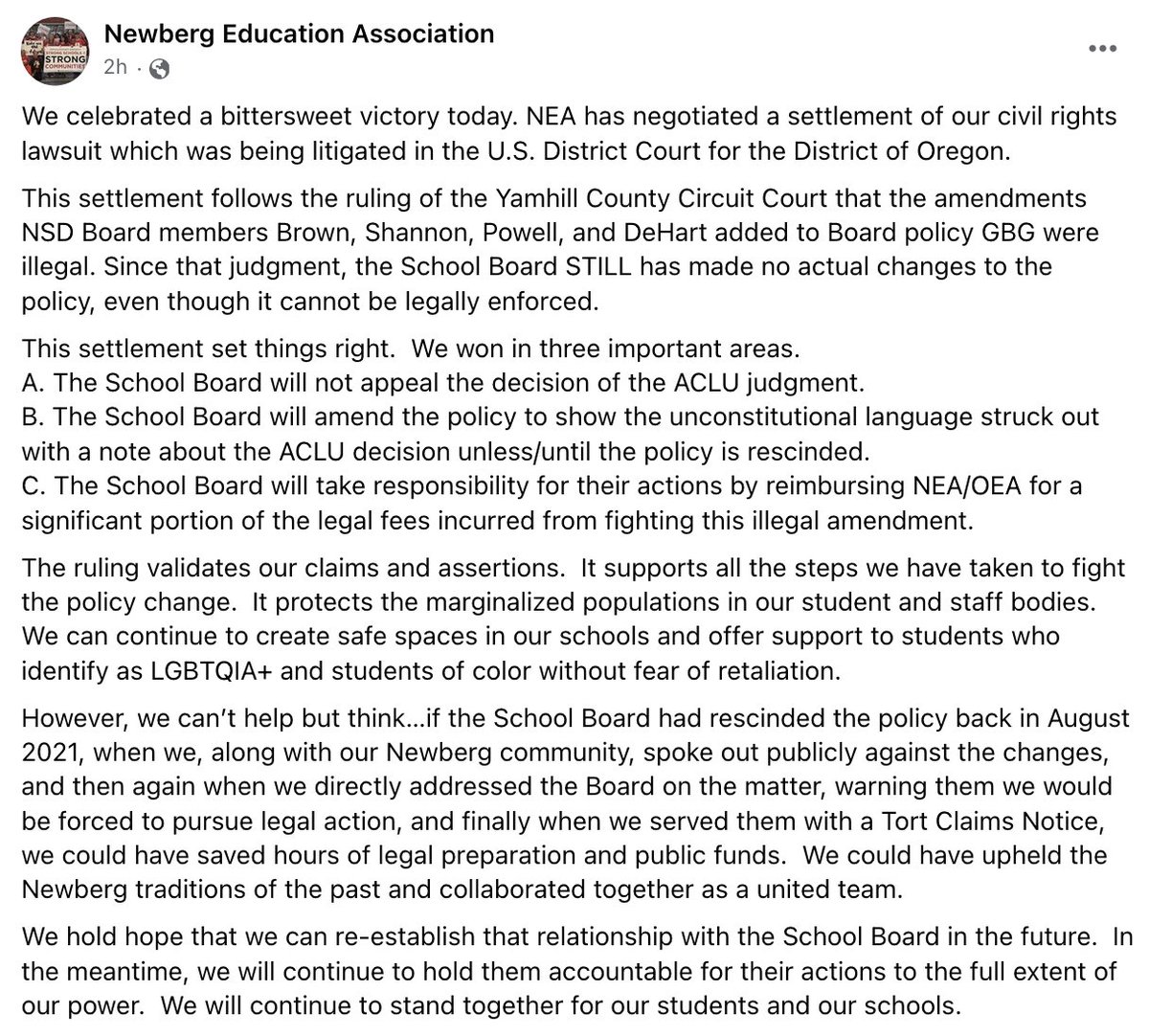 Fantastic news from Newberg Education Association. Looking forward to getting a new school board in the new year.