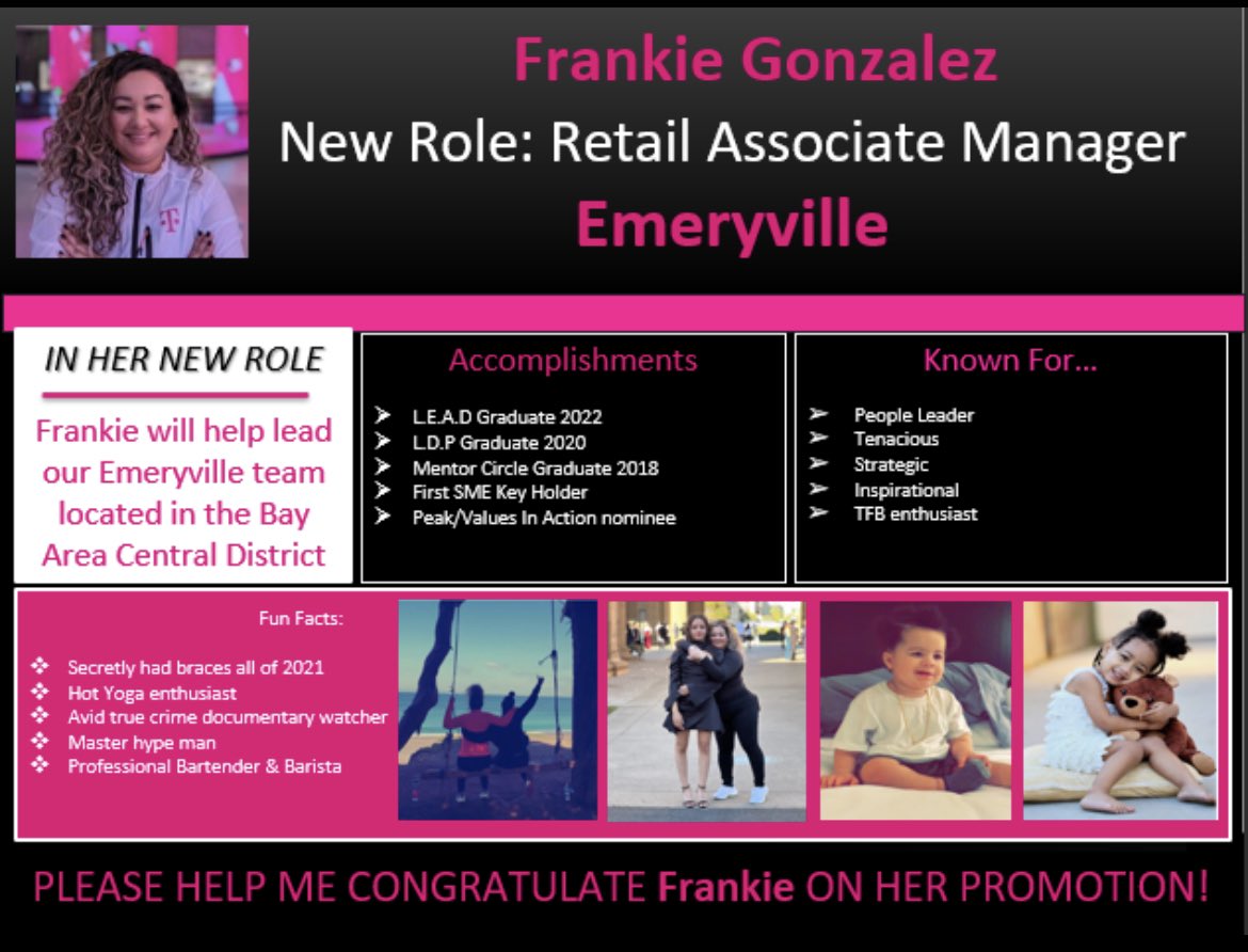 Another @TMOSanFrancisco promotion. Congratulations Frankie on your new roll. We are going to miss you but I know you will do amazing things with your new team.