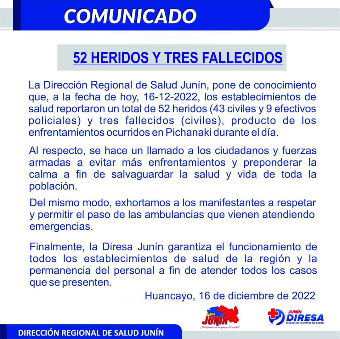 El Consejo de Estado sale a respaldar las acciones represivas de la PNP y FFAA. Ni una palabra de las violaciones a los DDHH.
El Congreso fuerza la votación de un texto para pretender quedarse hasta 2024.
Mientras tanto, hoy lamentamos las muertes de tres peruanos en Pichanaki.