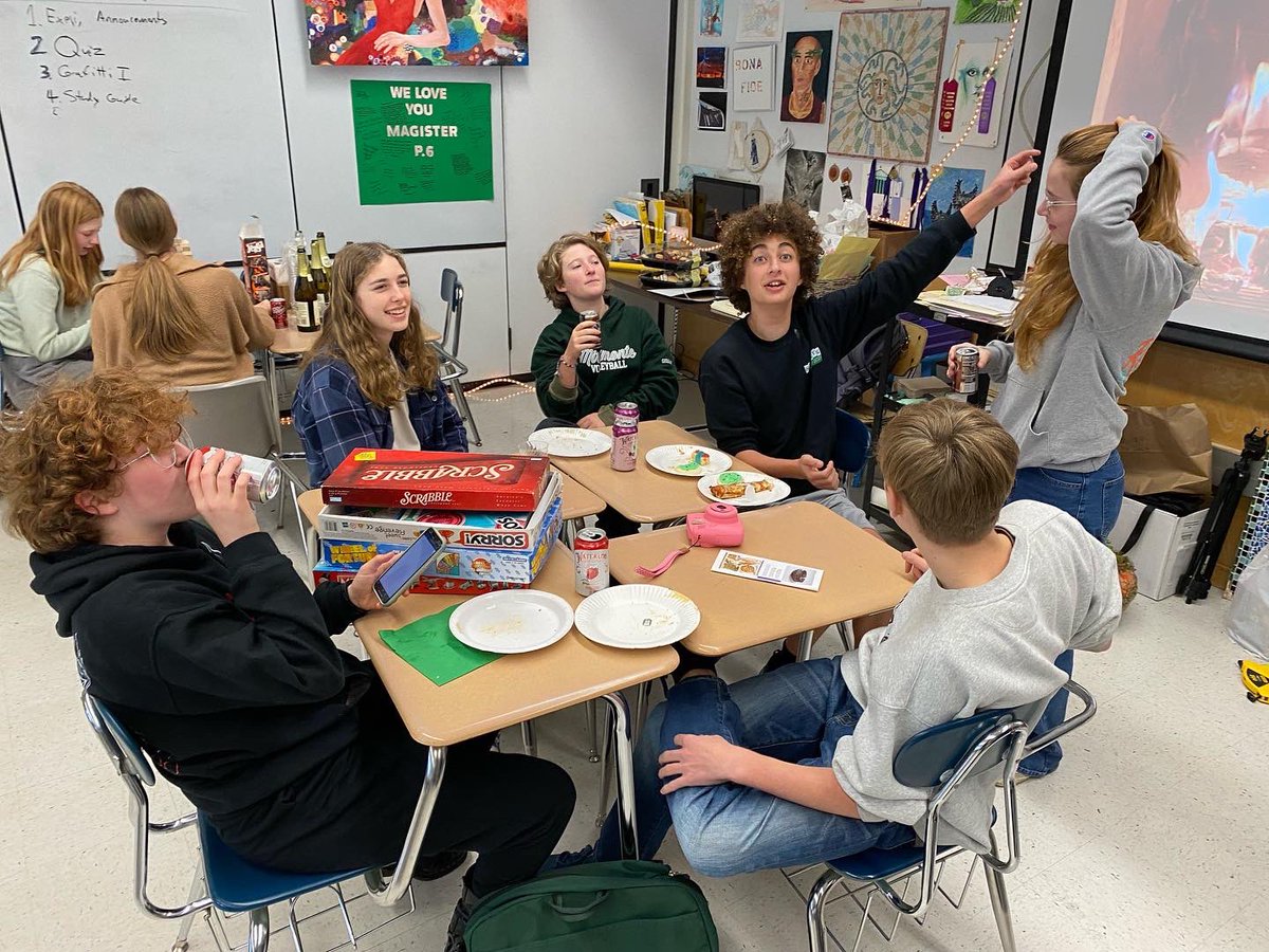 MagisterDavis1's tweet photo. Io, Saturnalia!  Today Latin Club celebrated the end of the semester and the beginning of Winter Break by hosting a holiday party after school.  Over 70 students came by for pizza and other treats. Thank you to all the parents who helped to make this happen! https://t.co/LzDM26tVp8