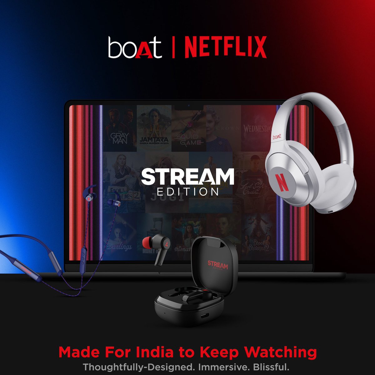 Ietsott's tweet photo. Streaming giant @Netflix partners with consumer technology company @RockWithboAt  to launch a first-of-its-kind #StreamEdition audio range 

@amangupta0303 #SriVats #Netflix #boAtXNetflix #boAt  

Picture Source: boAt-lifestyle https://t.co/JUp8nNaT3e