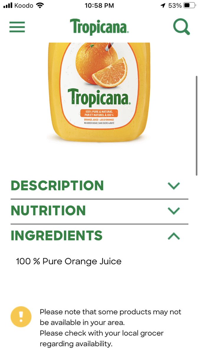 sarahrandolphin's tweet photo. @FroehlichFoods @nathaliejacoby1 No way - I can taste the difference in Trop 50. Plus, this is what Tropicana’s website states as the ingredients for Trop50 and 100% Pure Orange Juice (respectively). Are the ingredients different in the country you reside perhaps? https://t.co/gSi2g53tUT