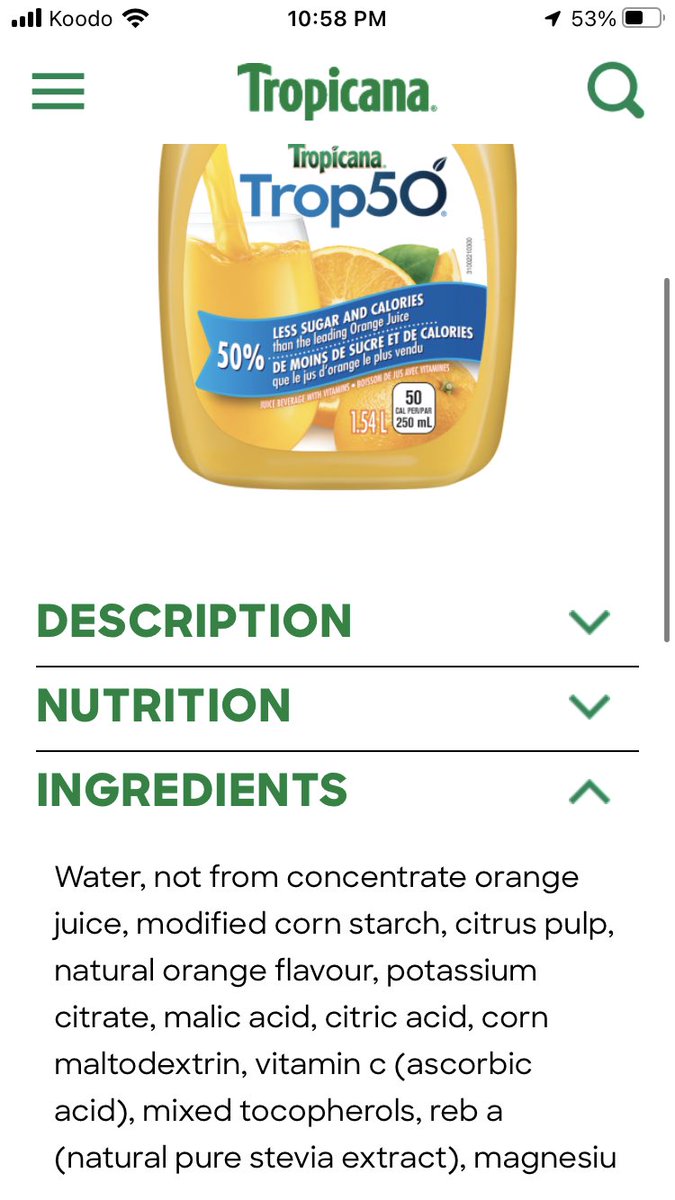 sarahrandolphin's tweet photo. @FroehlichFoods @nathaliejacoby1 No way - I can taste the difference in Trop 50. Plus, this is what Tropicana’s website states as the ingredients for Trop50 and 100% Pure Orange Juice (respectively). Are the ingredients different in the country you reside perhaps? https://t.co/gSi2g53tUT