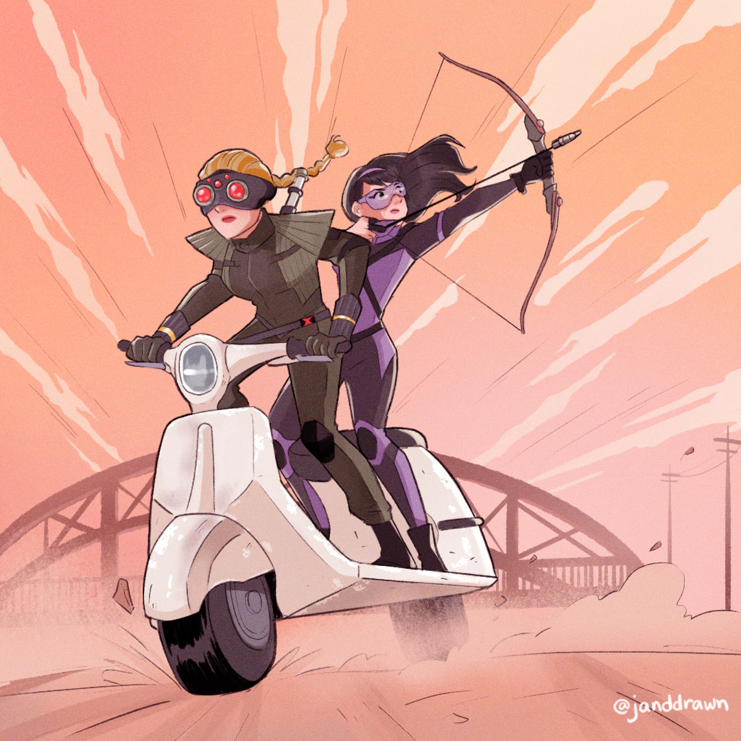 janddrawn's tweet photo. Let's give them hell. 

#yelenabelova #katebishop #hawkeye #blackwidow #mcu #marvel #characterdesign #gurihiru #haileesteinfield #florencepugh #conceptart #comicbooks #CoverArt #FanArtFriday https://t.co/atU11WVEi2