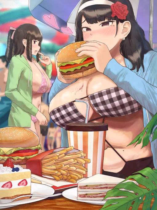 レジャープールに来たのに食べまくるだけのお姉さん🍔🍟 