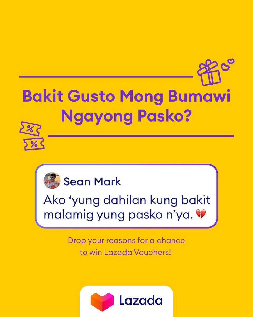 LazadaPH's tweet photo. LF ways para makapag-all-out bigayan sa loved ones mo? Bawi-bawi rin this Christmas dahil sagot na namin ang pamasko mo, basta maganda ang entries mo! π€©
Drop dabest pambawi reasons dahil 5 na Ka-Lazada ang pwedeng manalo ng β±500 worth of vouchers! ππΌ
#AddSayaToLife #LazadaPH https://t.co/yAa0ly4jg8