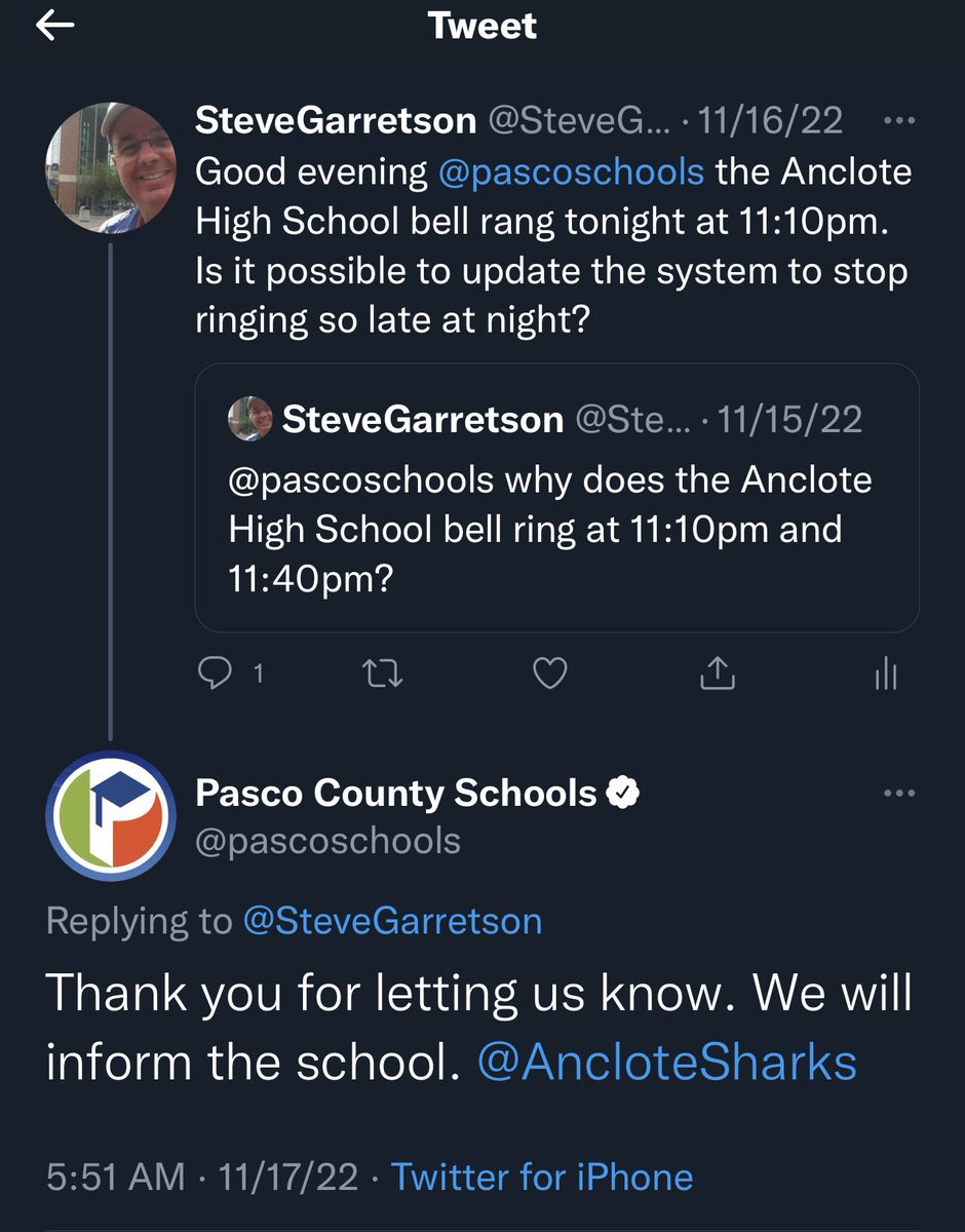 Good evening <a href="/pascoschools/">Pasco County Schools</a> <a href="/AncloteSharks/">AHS Sharks</a> the high school bell continues to ring at 11:10PM and 11:40PM every weekday NIGHT. Please update the bells to only ring during the school DAY. Thanks in advance!