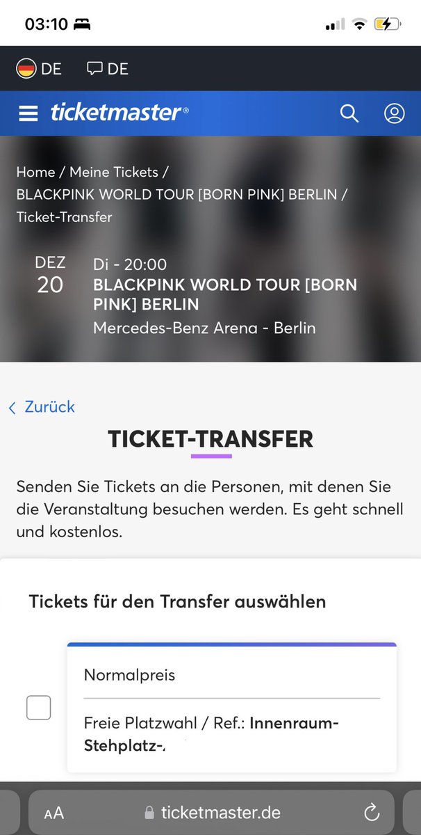 🚨I’m selling 1 standing tickets for the Blackpink concert in Berlin on the 20th December.
 
Price is negotiable.

Transfer is available through Ticketmaster.

If anyone is interested reply to this or dm me 🥺💗#BLACKPINK     #BLACKPINK_WORLDTOUR