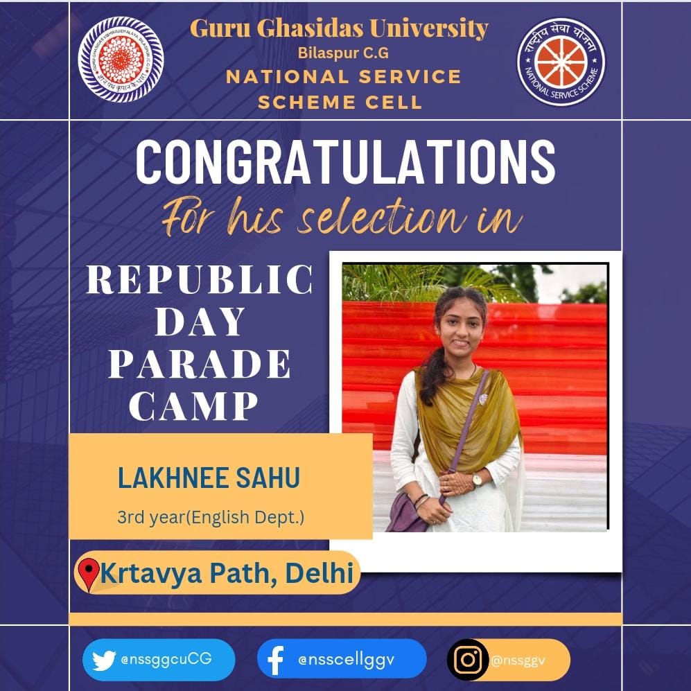 nssggcuCG's tweet photo. Proud moment!! 
Selection of three volunteers from Guru Ghasidas University @nssggcuCG for Republic Day Parade 2023 on Duty Path 
@chakrawalalok @GovernorCG
@NssChhattisgarh @askabir_ @NSSRDBhopal @_NSSIndia @YASMinistry @ianuragthakur https://t.co/By0AgnHcTS