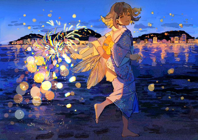 「aerial fireworks blue kimono」 illustration images(Latest)