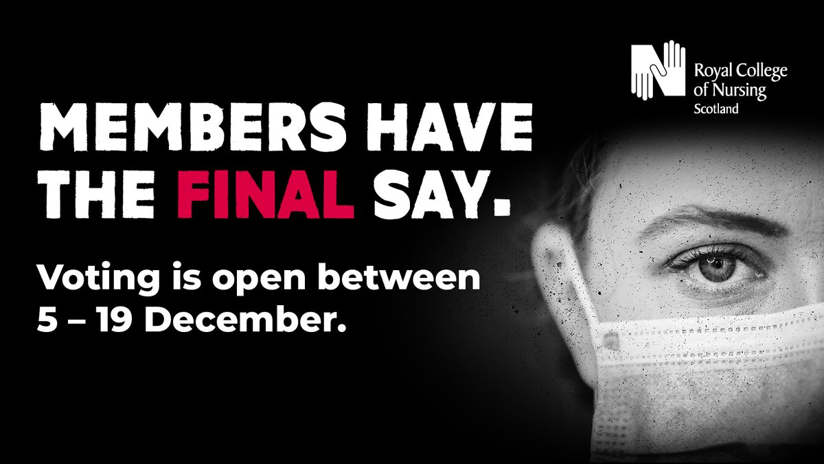 theRCN's tweet image. Members in Scotland who are eligible to vote have until 12 noon on 19 December to vote on a revised pay offer. 

Every vote counts. 

Our strength is in our numbers. 

Don't delay, have your say today. 

#FairPayForNursing #SafeStaffingSavesLives