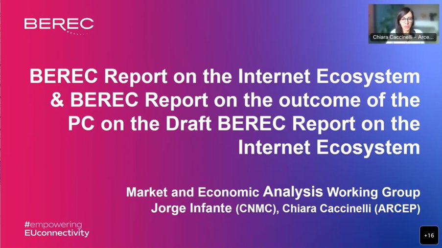 At the <a href="/BERECeuropaeu/">BEREC</a> public debriefing Chiara Caccinelli (<a href="/Arcep/">Arcep</a>) presents “BEREC Report on the Internet Ecosystem” describing how the Internet ecosystem is affected by digital players in terms of competition dynamics, internet openness and users’ choice. berec.europa.eu/en/document-ca…