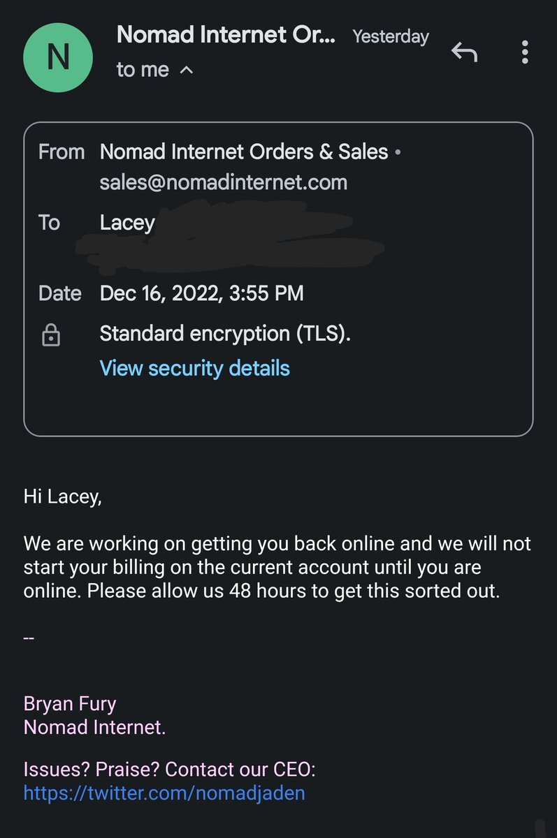 LWeatherly5707's tweet photo. @vixxen504 @nomadjaden @NomadInternetUS Nope. When I left for my boyfriends house for the weekend Friday morning, it was still blinking red at me and dead. This was the last email I received from someone I believe was actually working for Nomad. https://t.co/l3h5gDBDGs