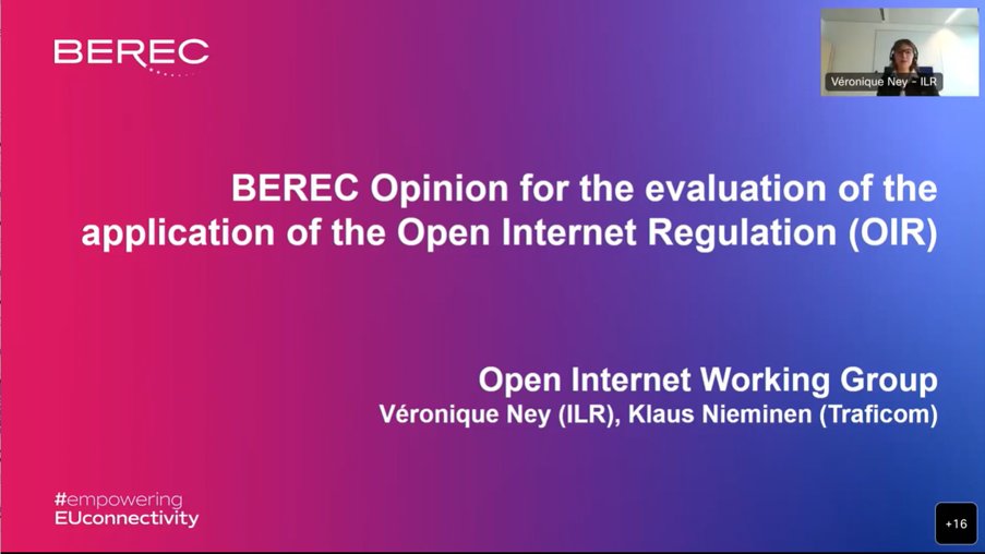 At the <a href="/BERECeuropaeu/">BEREC</a> public debriefing Véronique Ney (ILR) presents “BEREC Opinion on the Open Internet Regulation” which concludes that the Regulation continues to be fit for purpose and that BEREC sees no merit in changing the text of the Regulation. berec.europa.eu/en/document-ca…
