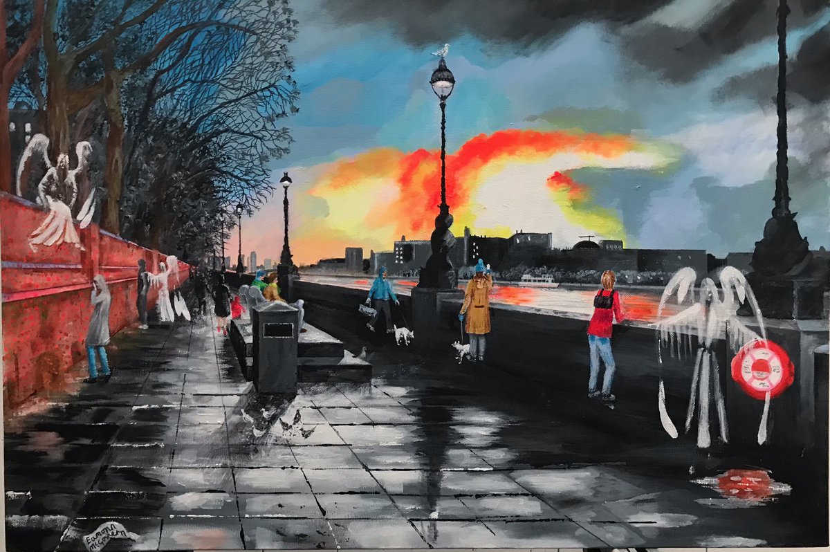 My dad’s latest painting ❤️ 

Every year he paints a scene (acrylic on canvas) which he then gets printed onto Christmas cards for us all. 

It’s called ‘Angels Are Among Us’ and is of the National Covid Memorial Wall by the River Thames in London. <a href="/EMcGovernArt/">Eamonn McGovern</a> #prouddaughter