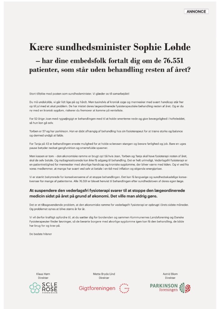 Sclerose_dk's tweet photo. Fælles opråb på vegne af 76.551 patienter.

Så mange alvorligt syge er gidsler for et økonomisk tovtrækkeri mlm @fysiodk og @kommunerne, og har fået deres vigtige behandling suspenderet året ud.

Kære @SophieLoehde, vi sætter al vores lid til dig som ny sundhedsminister! #sundpol https://t.co/6htQOacGsj