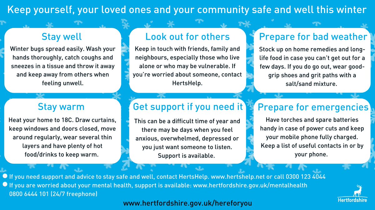 hertscc's tweet photo. Keep yourself and your loved ones safe this winter as temperatures drop. Heat your home to 18C, wear several thin layers and ensure you move around regularly. If you need support and advice to stay safe and well, contact HertsHelp on 0300 123 4044 or visit https://t.co/dVeRZ2tfOe https://t.co/CMqg9KDvwE