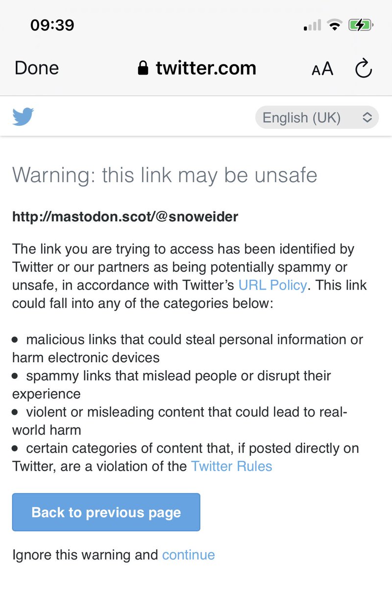 @snoweider Wow. Didn’t realise twitter were doing that. They even warn when I click on the link in your bio 😳