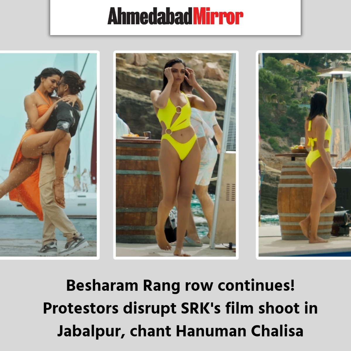 ahmedabadmirror's tweet photo. Besharam Rang row continues! Protestors disrupt SRK's film shoot in Jabalpur, chant Hanuman Chalisa

#Jabalpur #protest #chaint #hanumanchalisa #filmshoot #disrupt #beshramrang #bollywoodmovie #pathan #controversy #hindu #shahrukhkhan #deepikapadukone #song #ahmedabadmirror https://t.co/RSs2kAxWIM
