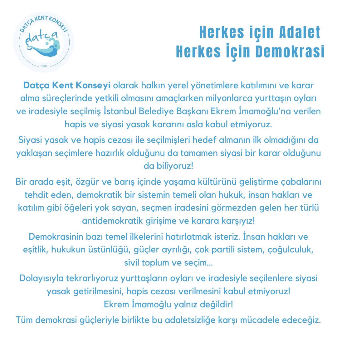 DatcaKent's tweet image. 📢Tüm antidemokratik uygulamalara, seçmen iradesinin gaspına karşı çıkmak için demokrasi güçleriyle birlikte meydandaydık! 
Herkes için Adalet Herkes İçin Demokrasi