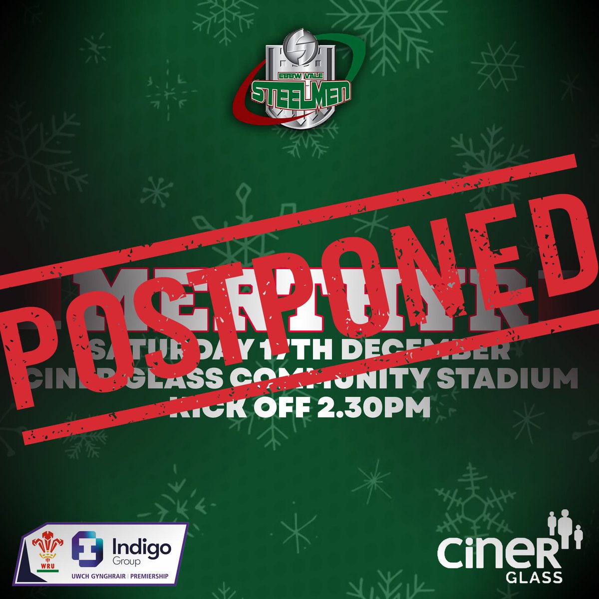 After a pitch inspection this morning, today’s game against Merthyr is postponed due to the weather conditions. 

Food Bank Collection 
If you still would like to donate to the food bank and +14 collection, Gareth is down the club now until 12:30 to drop items off.