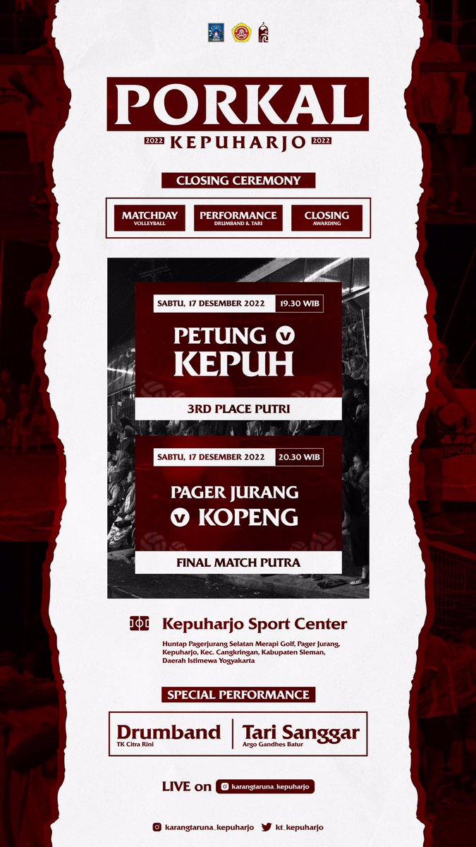 Closing Ceremony Porkal Kepuharjo 2022 akan digelar malam ini. Sampai jumpa di Kepuharjo Sport Center 👋