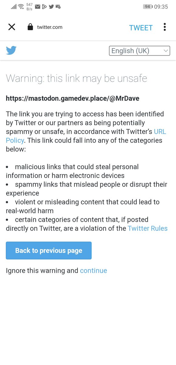 So like alot of people I'm going to stop using Twitter and start using Mastodon but Twitter will not let me post a link to it, this IS THE REASON I want to leave. The link on my profile page still works even though it gets marked as spam.