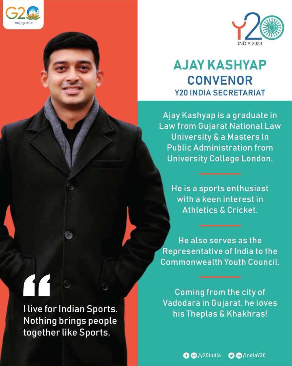 IndiaY20's tweet photo. Y20 India is delighted to welcome Ajay Kashyap as the Convenor of the Y20 India Secretariat.

Welcome onboard, @AjayKashyap_ 

#Y20India #Y20 #G20
@g20org https://t.co/FOPQV4uQKH