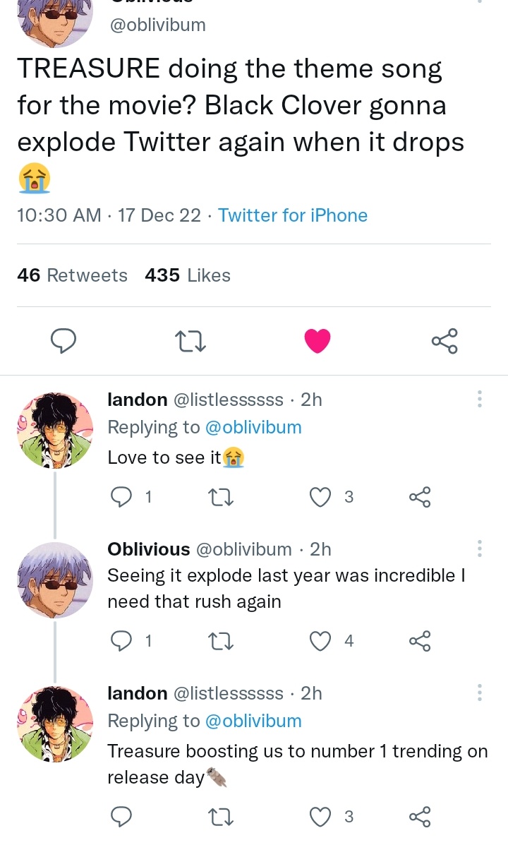 rutonlyluvr's tweet photo. saw this twt, black clover fans are so happy that treasure will sing the OST for the second time cause' black clover will going to trend number one worldwide again bcs of treasure! 😆 and we'd love to see it too 🫶 https://t.co/KIg86pa5j7