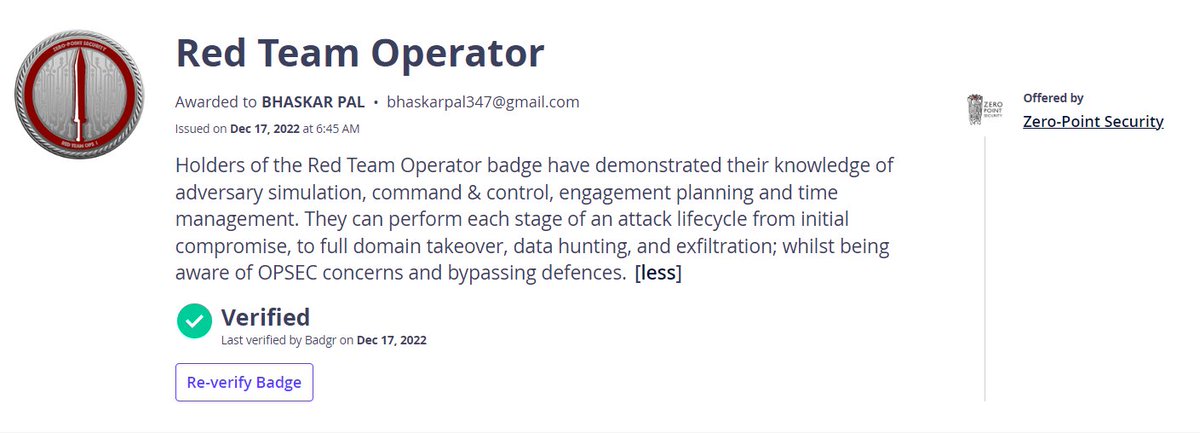 Bhaskarpal__'s tweet photo. I am a Certified Red Team Operator now! It was a great exam and course provided by @zeropointsecltd and @_RastaMouse. Looking forward to doing RTO 2!
#CRTO #RTO #zeropointsecurity #infosec #redteam #activedirectory #hacking 
https://t.co/dZafV1C7EW https://t.co/vR09gjAcNz