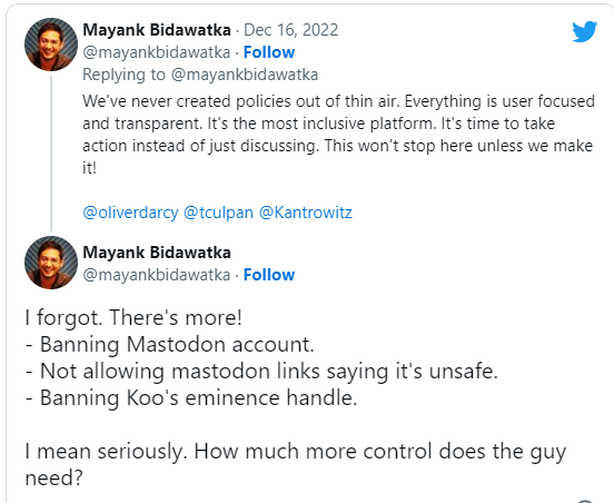 ट्विटर पर सस्पेंड हुआ प्रतिद्वंद्वी 'कू' का अकाउंट

◆ 'कू' के सह-संस्थापक ने ट्विटर की नीतियों पर उठाए सवाल

Koo's | #Koos <a href="/mayankbidawatka/">Mayank Bidawatka</a>