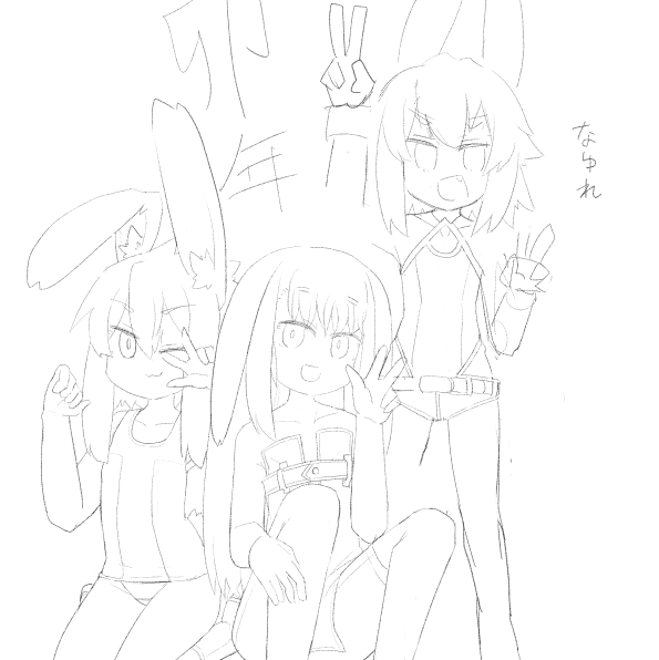 右の なゆれちゃん、設定が固まってない子の1人なのでせっかくなのでデザインチェンジ。
左のウサテドとなゆれちゃんは農業街なのでレオタ(スク水)着せてます。 