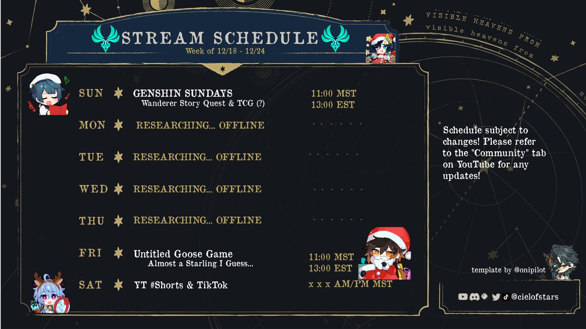 Cielofstars's tweet photo. Schedule for 12/18-12/24~

Da Dada~! Drop by the YouTube channel and/or Discord Server to enter in some giveaways!

✨ 【Hashtags】🌪️
Live: #cielskyhigh
Clips: #sheesilips 
Art: #cielestiart
Fandom: Starlings

#ENVtuber #AnemoOnly #VTuberEN #GenshinImpact https://t.co/L31sBGMaW8