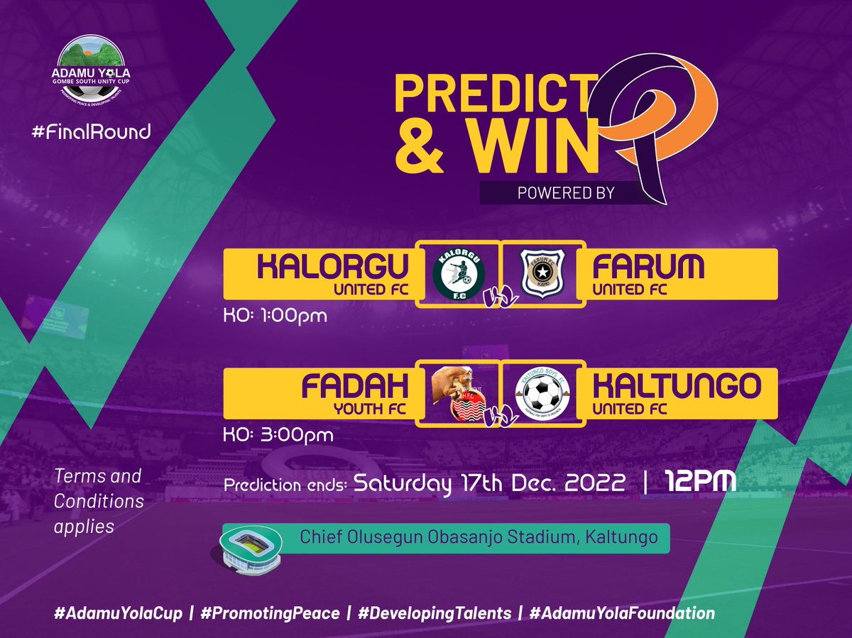AdamuYolaFDN's tweet photo. Drop your predictions 2 win Recharge Card
Terms & Conditions
1. Must be a following @AdamuYolaCup and @PIKINOFGODltd
2. Like, retweet and Comment with your prediction with the following hashtags #AdamuYolaCup #AdamuYolaFoundation #PIKINOFGOD
3. Prediction ends by 12noon! https://t.co/fi93pN0xeH
