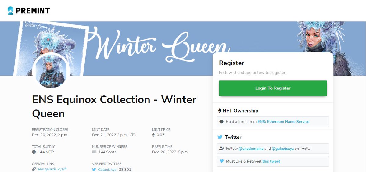 Free mint #NFT $ENS 
Supply: 144NFTs 
Yêu cầu: Có domain của $ENS, mua tại: opensea.io/collection/ens…
Kèo khá thơm, free mint chỉ cần tốn 1 xíu fee, 
Tháng này nó phát hành $NFT mùa đông, đủ 12 $NFt sẽ ghép được $NFT đại diện cả năm.
link: premint.xyz/ens-winter-que…