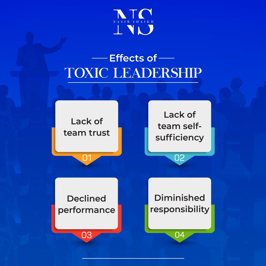 nasirsspeaks's tweet image. Working under destructive #leadership is not just difficult for morale. It can also affect the performance of an entire team. Because #toxicleaders tend to focus on their own interests, their behaviour comes at the expense of their team’s wellness. Watch out for these signs.