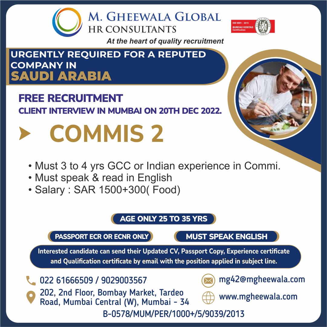 mgheewala_hrc's tweet photo. Job Vacancies for #Saudiarabia

Interested Candidates can send the updated resume to mg42@mgheewala.com

Learn More https://t.co/Ps4bxv2mB1

#commis #commis2 #commisjob #hotelmanagement #hotel #hotelier #freerecruitment #gcc #indianexperience #saudijobs #jobsinsaudi https://t.co/yhaUwkQ6AF